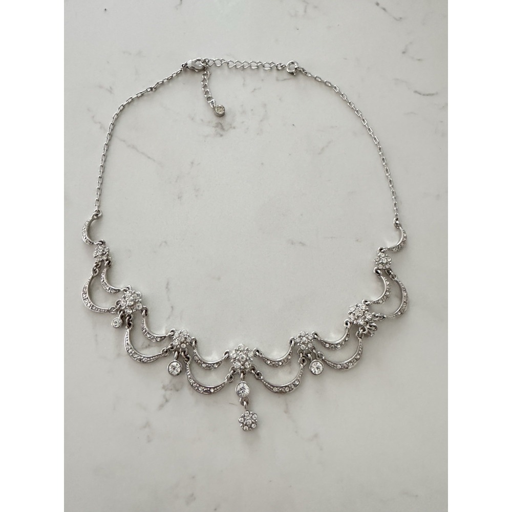 Vintage Victorian-style Clear Rhinestone Necklace Floral Crescent Moon Dainty